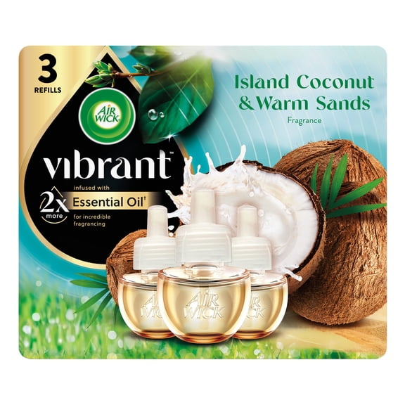 Air Wick Plug-In Vibrant Scented Oil Air Freshener Warmer Refills, Island Coconut and Warm Sands, 3 Count