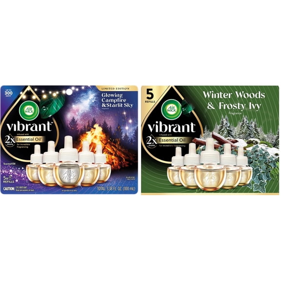 Air Wick Plug In Vibrant Scented Oils Refills, Campfire & Starlit Sky, 5 ct + Air Wick Vibrant Plug In Scented Oil Refill, Infused with Essential Oils, Plug In Air Fresheners for Home, Winter Wood