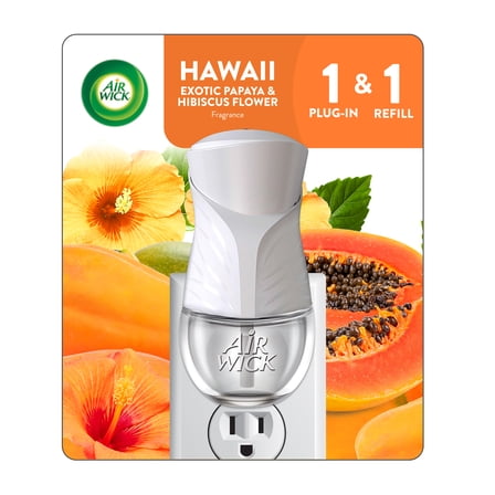 Air Wick Plug-In Scented Oil Air Freshener Warmer Starter Kit, Hawaii Exotic Papaya and Hibiscus Flower, 1 Warmer and 1 Refill