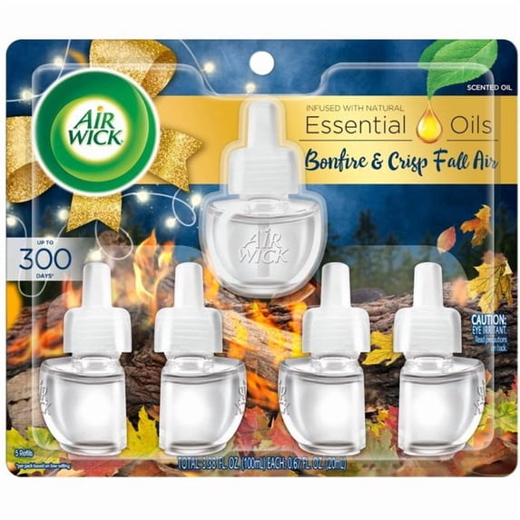 Air Wick Plug in Scented Oil 5 Refills, Bonfire and Crisp Fall Air, Essential Oils, Air Freshener Fall Scent, Fall décor - 2 Pack