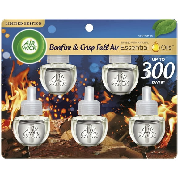 Air Wick Plug in Scented Oil Refill, 5ct, Bonfire and Crisp Fall Air, Essential Oils, Air Freshener Fall Scent, Fall dcor