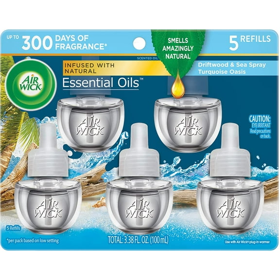 Air Wick Plug in Scented Oil, 5 Refills, Driftwood & Sea Spray (Turquoise Oasis), (5x0.67 Ounce ), Essential Oils, Air Freshener
