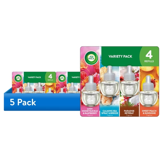 (5 pack) Air Wick Plug-in Scented Oil Air Freshener Refills Lush Honeysuckle Calming Sea Spray Sweet Peach 4 Count