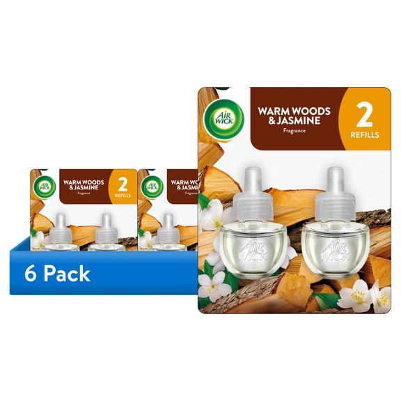 (6 pack) Air Wick Plug-In Scented Oil Warmer Air Freshener Refills, Warm Woods & Jasmine, 2 Count