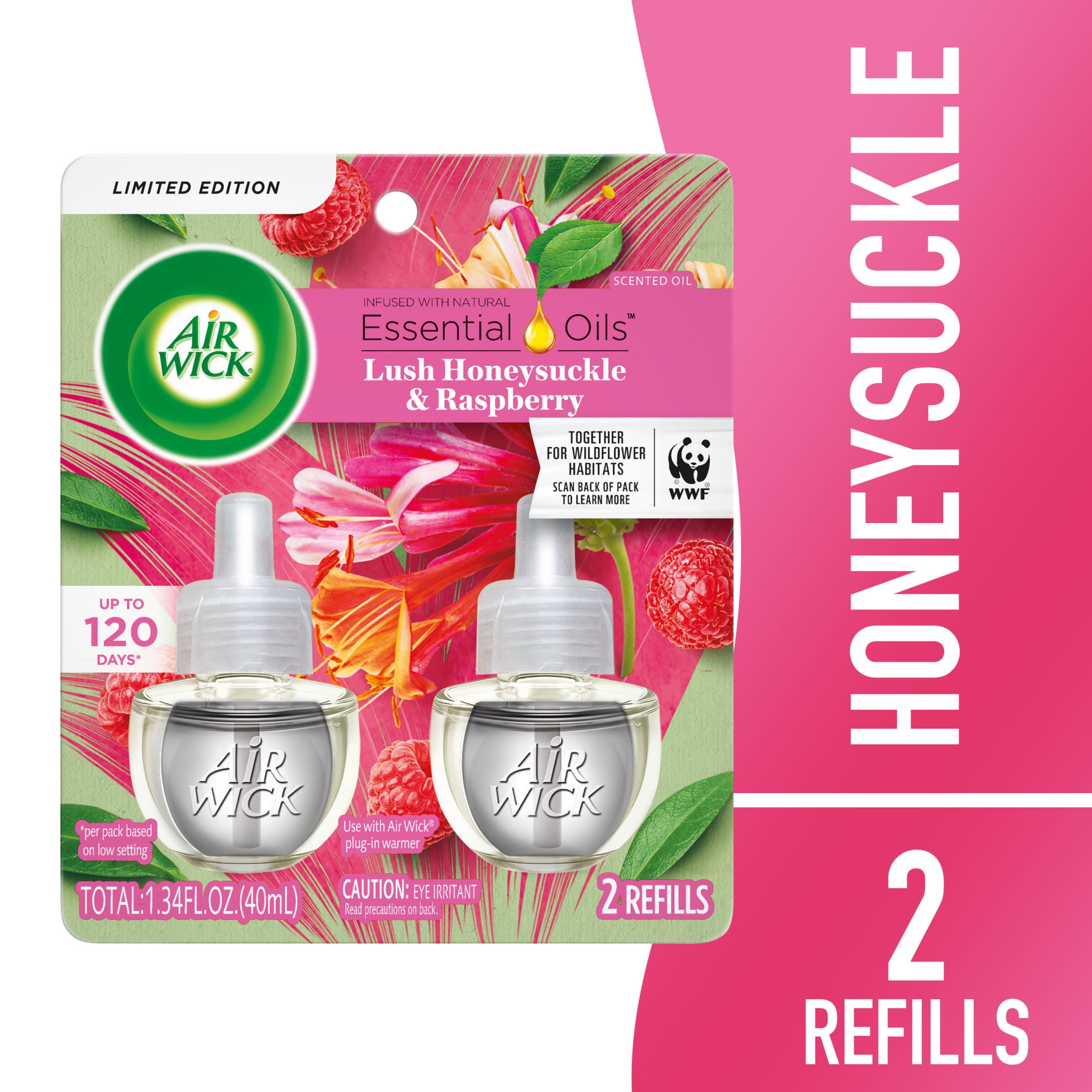 Air Wick Plug in Scented Oil Refill, 2 Count, Lush Honeysuckle and Raspberry, Air Freshener, Essential Oils, Spring ColleCountion