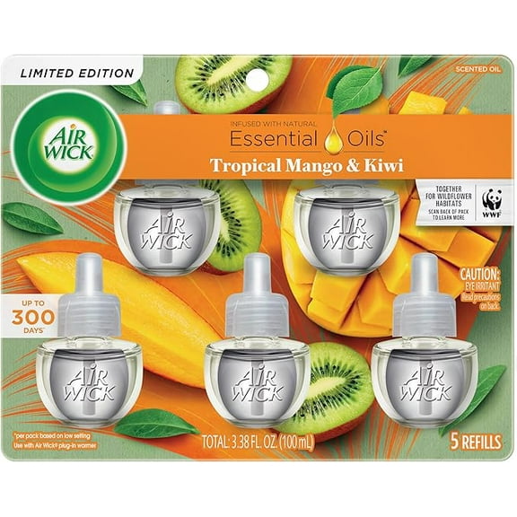 Air Wick Plug in Scented Oil Refill, 5 Ct, Fresh Mango & Kiwi, Air Freshener, Essential Oils, Spring Collection