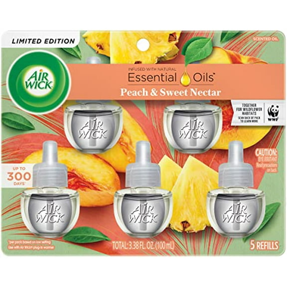 Air Wick Plug in Scented Oil Refill, 5 Ct, Fresh Peach and Sweet Nectar, Air Freshener, Essential Oils, Spring Collection