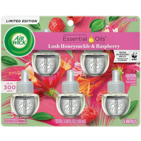 Air Wick Plug in Scented Oil Refill, 5 ct, Lush Honeysuckle and Raspberry, Air Freshener, Essential Oils (2 Packs)