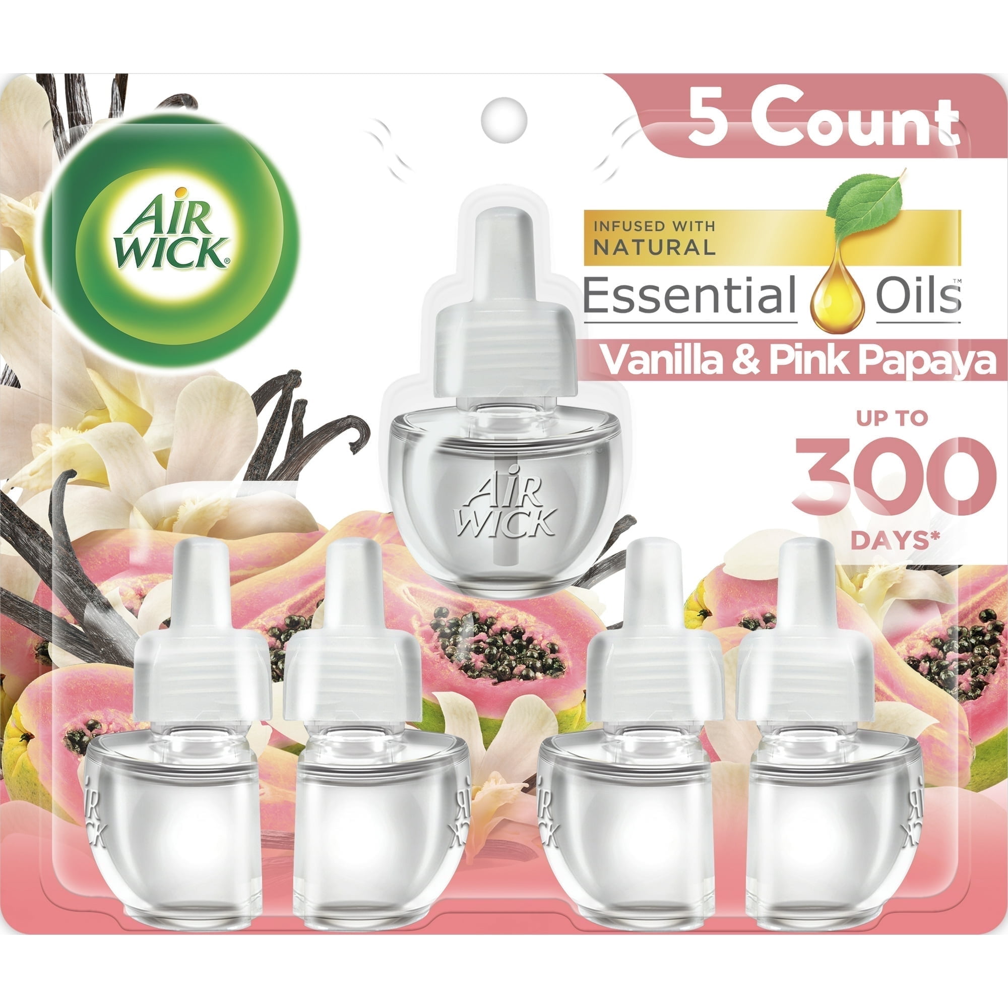Air Wick Plug in Scented Oil Refill, 5 ct, Vanilla and Pink Papaya, Air Freshener, Essential Oils ( 2 Packs )