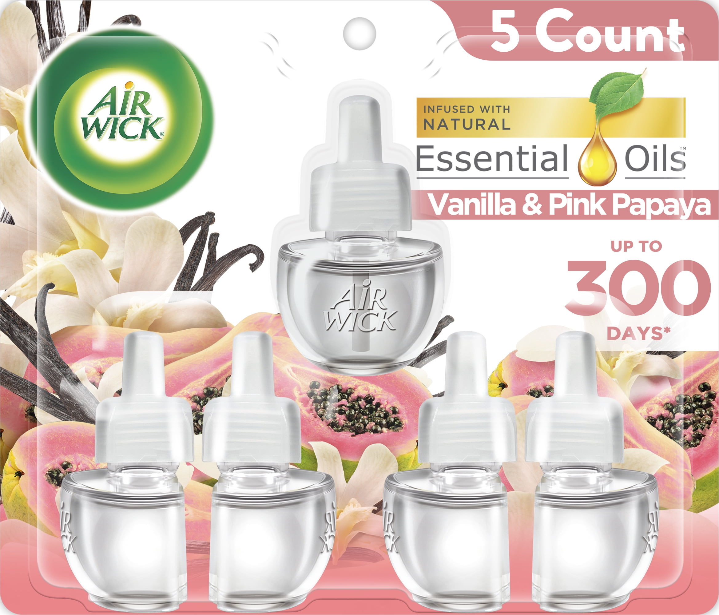 Air Wick Plug in Scented Oil Refill, 5 Count, Vanilla and Pink Papaya, Air Freshener, Essential Oils