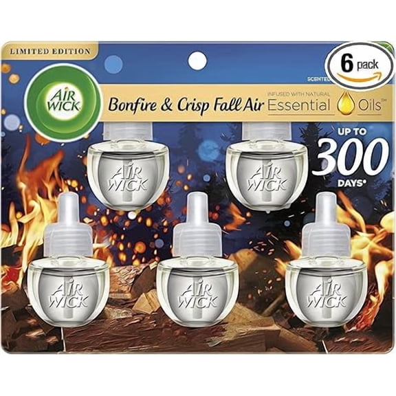 Air Wick Plug in Scented Oil Refill, 5ct, Bonfire and Crisp Fall Air, Essential Oils, Air Freshener Fall Scent, Fall dcor (New Pack)
