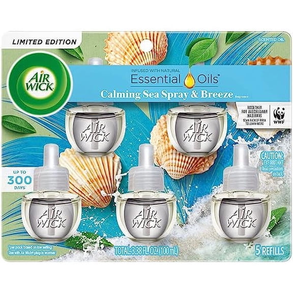 Air Wick Plug in Scented Oil Refill, 5ct, Calming Sea Spray & Breeze, Air Freshener, Essential Oils