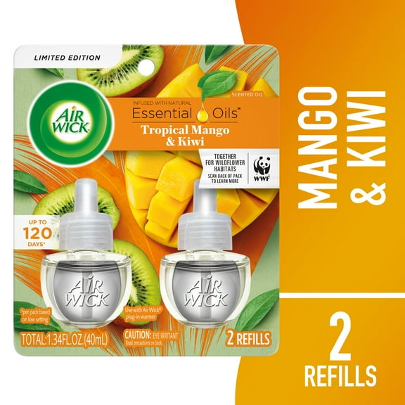 Air Wick Plug-In Scented Oil Air Freshener Warmer Refills, Fresh Mango and Kiwi, 2 Count