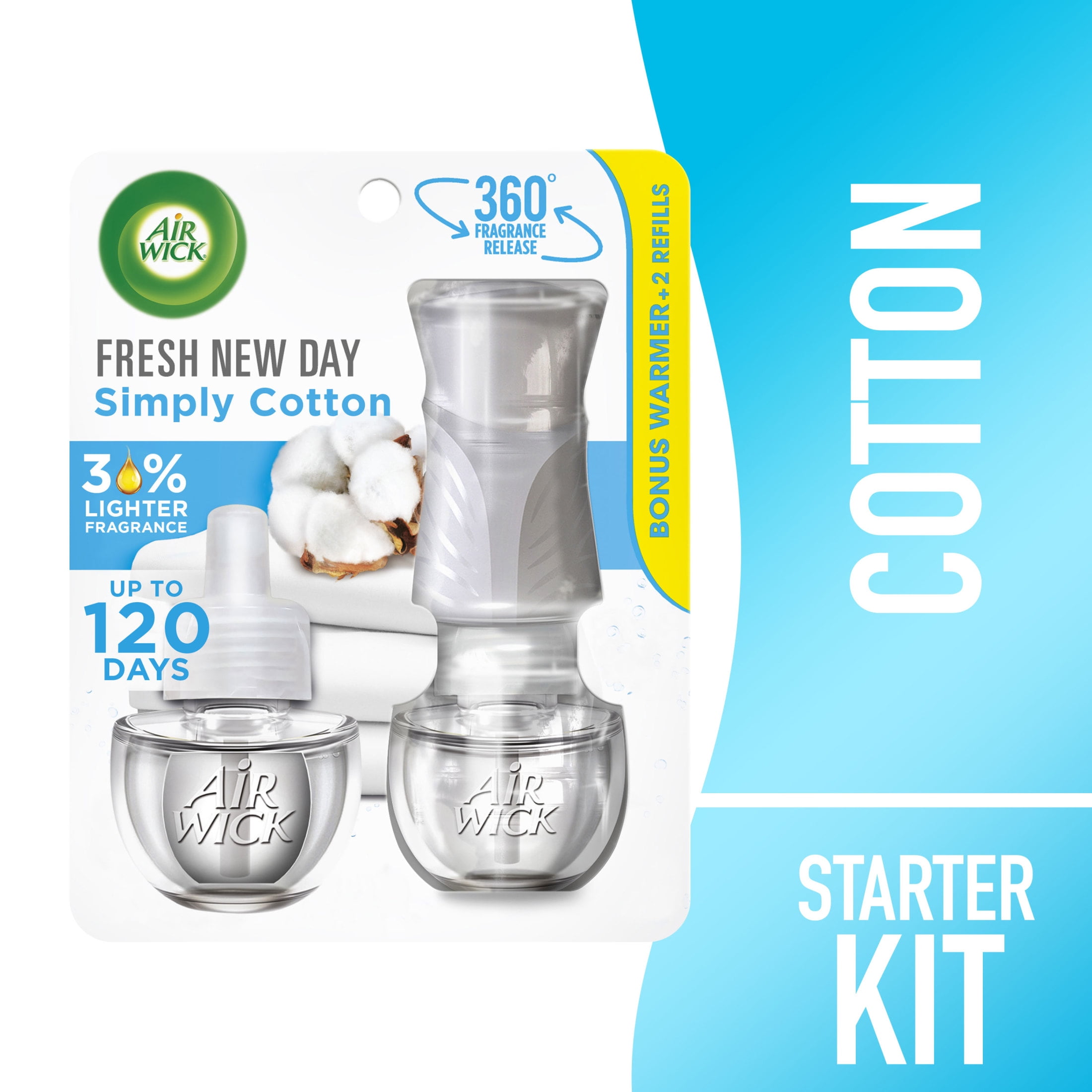 Air Wick Plug in Scented Oil Starter Kit (Warmer + 2 Refills), Air Freshener, Essential Oils, Simply Cotton
