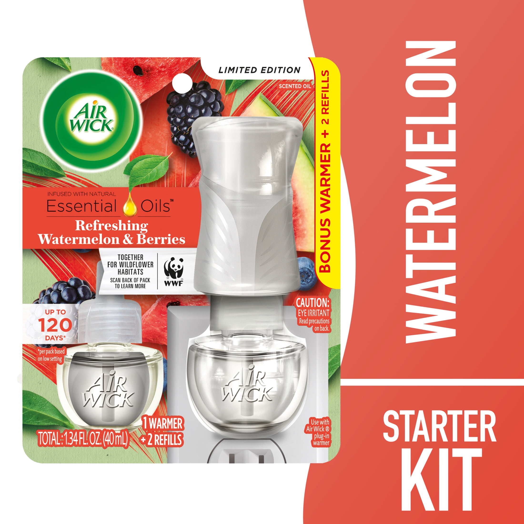 Air Wick Plug in Scented Oil Starter Kit (Warmer + 2 Refills), Air Freshener, Essential Oils, Watermelon & Berries