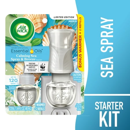 Air Wick Plug-In Scented Oil Air Freshener Warmer Starter Kit, Calming Sea Spray and Breeze, 3 Piece
