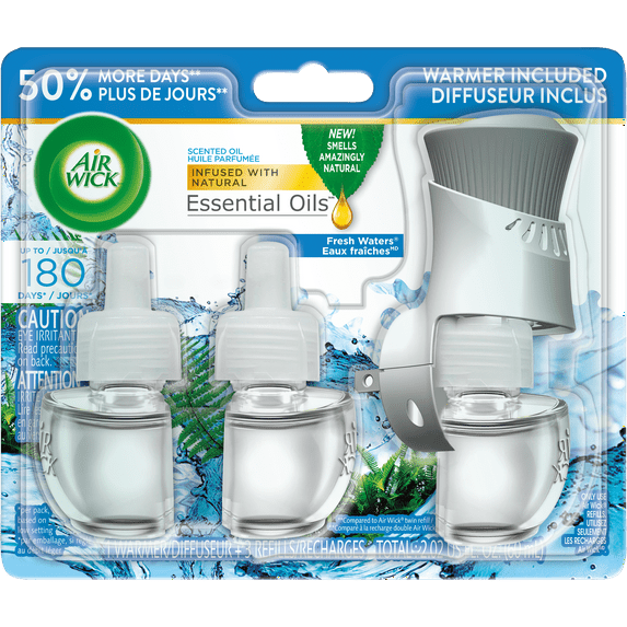 Air Wick Plug in Scented Oil Starter Kit (Warmer + 3 Refills), Fresh Waters, Air Freshener, Essential Oils