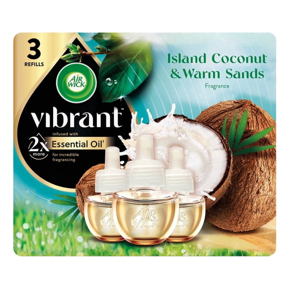Air Wick Plug-in Vibrant Scented Oil Air Freshener Warmer Refills, Island Coconut and Warm Sands, 3 Count
