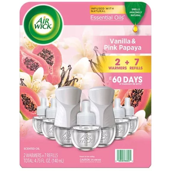 Air Wick Scented Oil Air Freshener Kit, Vanilla & Pink Papaya 2 Warmers +7 Refills