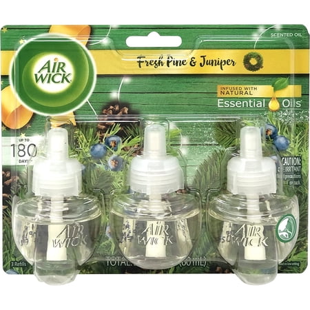 Air Wick Scented Oil Plug Ins, Essential Oils, Fresh Pine and Juniper Scent, Up to 180 Days, 3 Refills