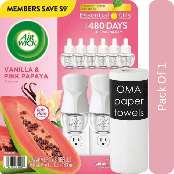 Air Wick Scented Oil Starter Kit Vanilla & Pink Papaya (2 Warmers + 8 Refills)-With Paper Towel By OMA