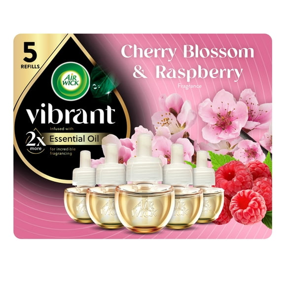 Air Wick Vibrant Plug-In Scented Oil Air Freshener Warmer Refills, Cherry Blossom and Raspberry, 5 Count