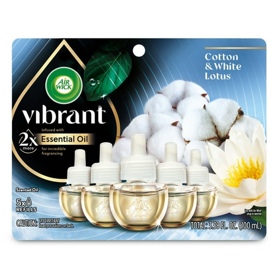 Air Wick Vibrant Plug-In Scented Oil Air Freshener Warmer Refills, Cotton and White Lotus, 5 Count