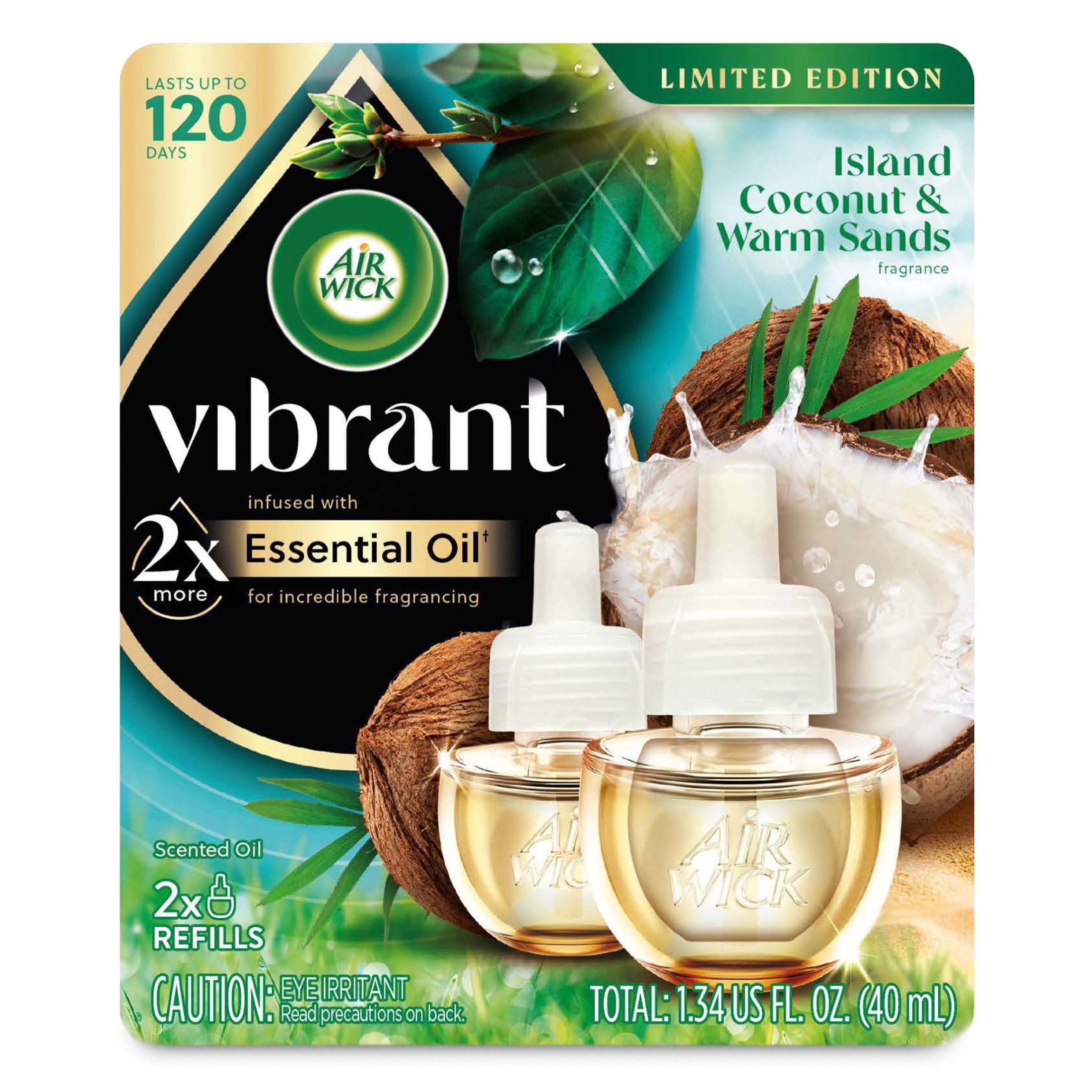 Air Wick Vibrant Plug-In Scented Oil Air Freshener Warmer Refills, Island Coconut and Warm Sands, 2 Count