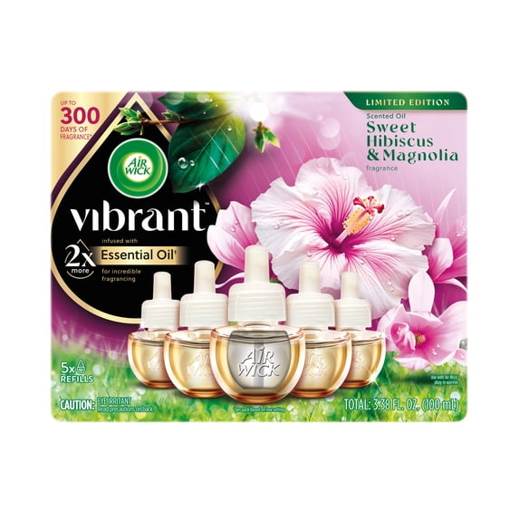 Air Wick Vibrant Plug-In Scented Oil Air Freshener Warmer Refills, Sweet Hibiscus and Magnolia, 5 Count