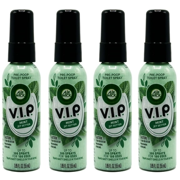 Air Wick V.I.P. Pre-Poop Toilet Spray, Mint Jet Setter, Travel Size, Neutralizes Odors, Contains Essential Oils, Fresh Mint Scent Bathroom Spray, 1.85 Oz (Pack of 4)