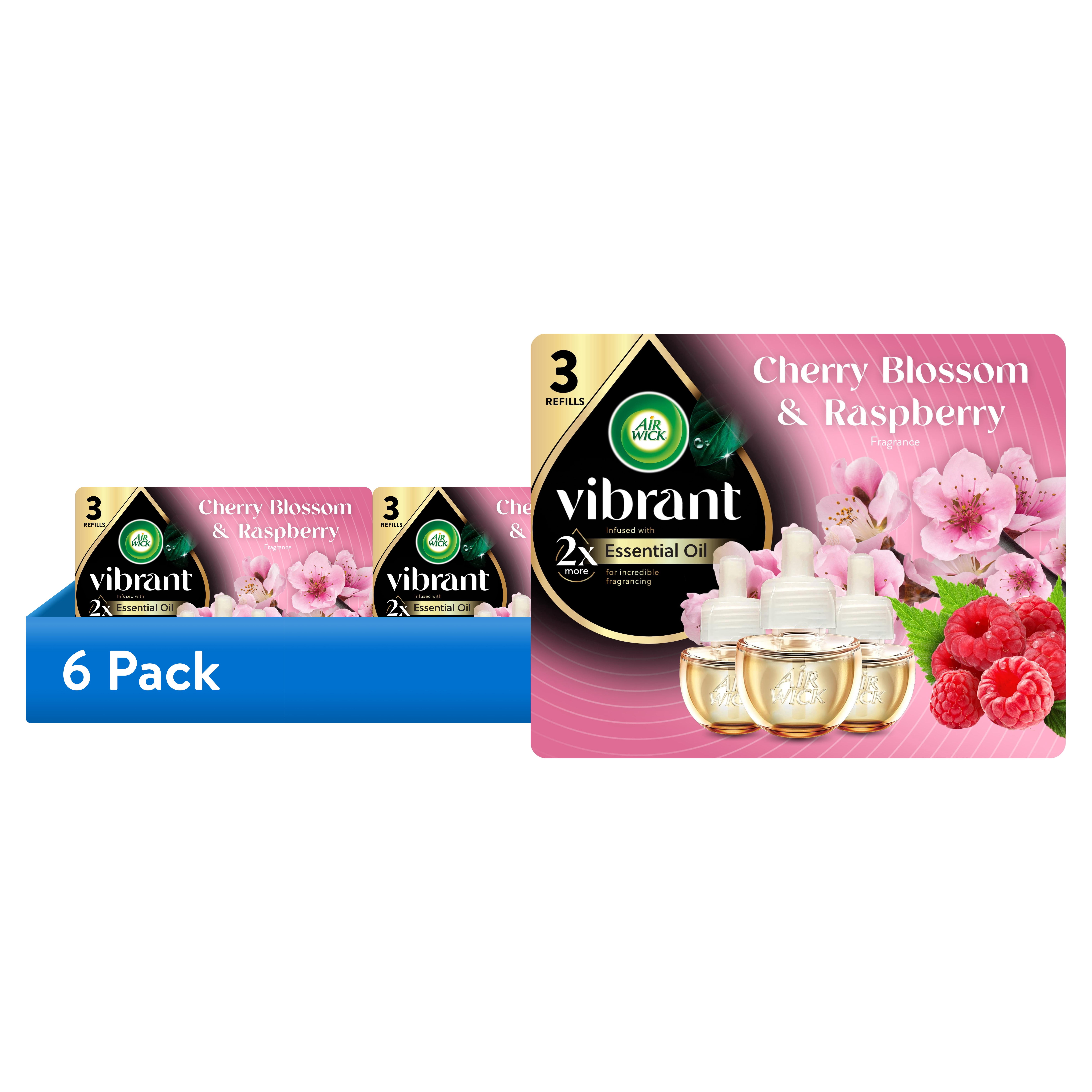 (6 pack) Air Wick Plug-In Vibrant Scented Oil Warmer Air Freshener Refills, Cherry Blossom & Raspberry, 3 Count