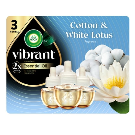 Air Wick Vibrant Plug-In Scented Oil Air Freshener Warmer Refills, Cotton and White Lotus, 3 Count