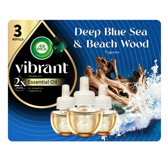 Air Wick Vibrant Plug-In Scented Oil Air Freshener Warmer Refills, Deep Blue Sea and Beach Wood, 3 Count