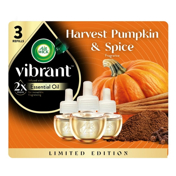 Air Wick Vibrant Plug-In Fall Scented Oil Air Freshener Warmer Refills, Harvest Pumpkin and Spice, 3 Count