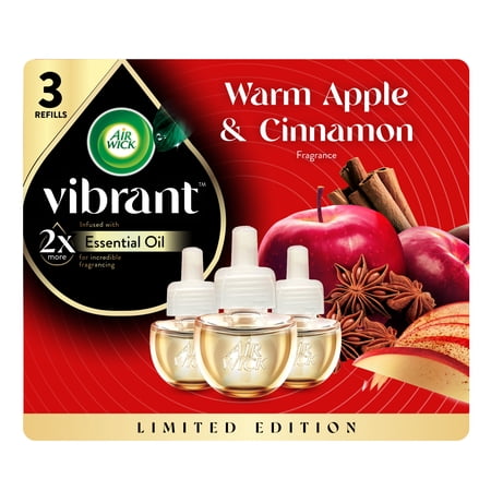 Air Wick Vibrant Plug-In Fall Scented Oil Air Freshener Warmer Refills, Warm Apple and Cinnamon, 3 Count
