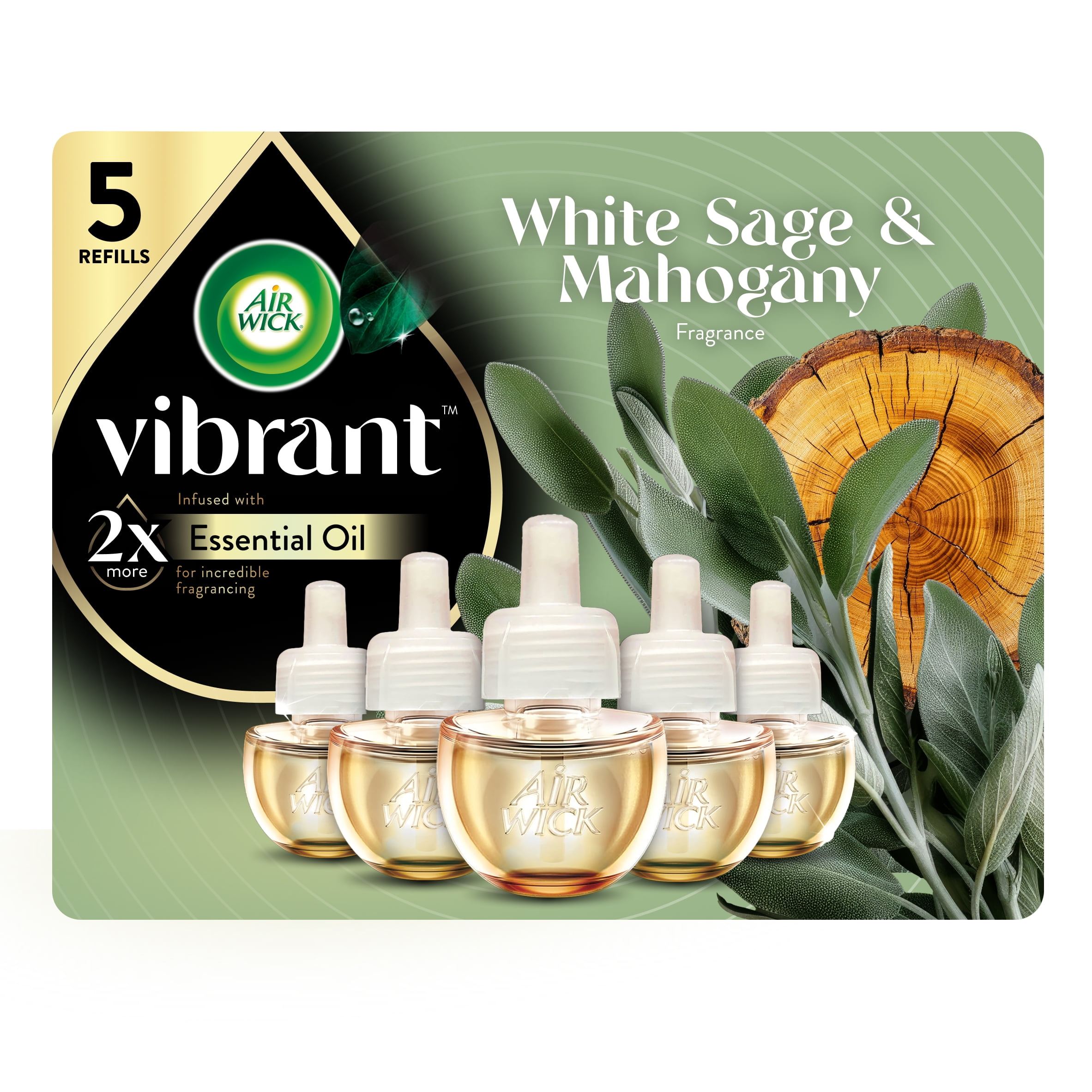 Air Wick Vibrant Plug-In Scented Oil Air Freshener Warmer Refills, White Sage and Mahogany, 5 Count