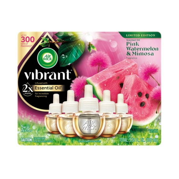 Air Wick Vibrant Plug-In Scented Oil Air Freshener Warmer Refills, Pink Watermelon and Mimosa, 5 Count