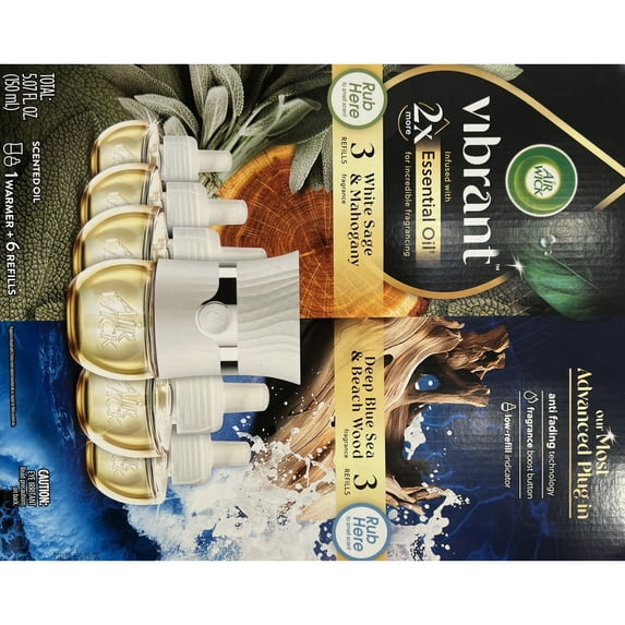 Air Wick Vibrant White Sage & Mahogany and Deep Blue Sea, 6 Refills & 1 Warmer