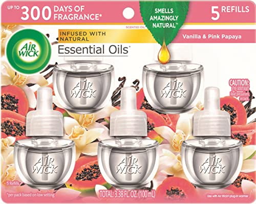 Air Wick plug in Scented Oil 5 Refills, Vanilla \u0026 Pink Papaya, (5x0.67oz), Essential Oils, Air Freshener, Packaging may vary,Vanilla \u0026 Pink Papaya