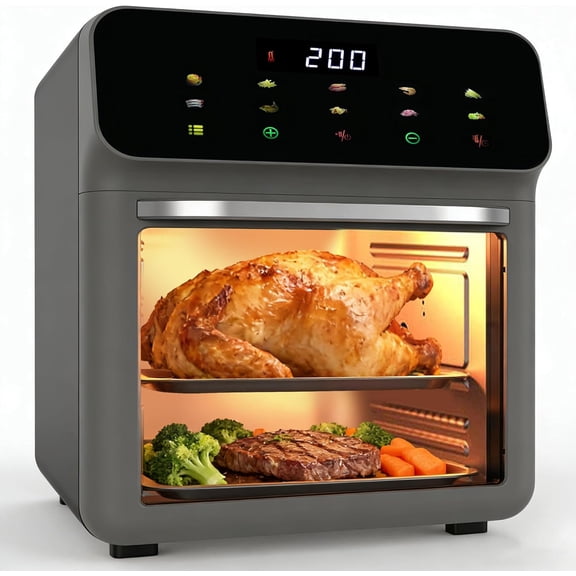 Air fryer desktop convection oven, transparent door and glass window; Timer function, controlled by digital LED touch screen with automatic shutdown function, air fryer with 10 liter capacity for oil