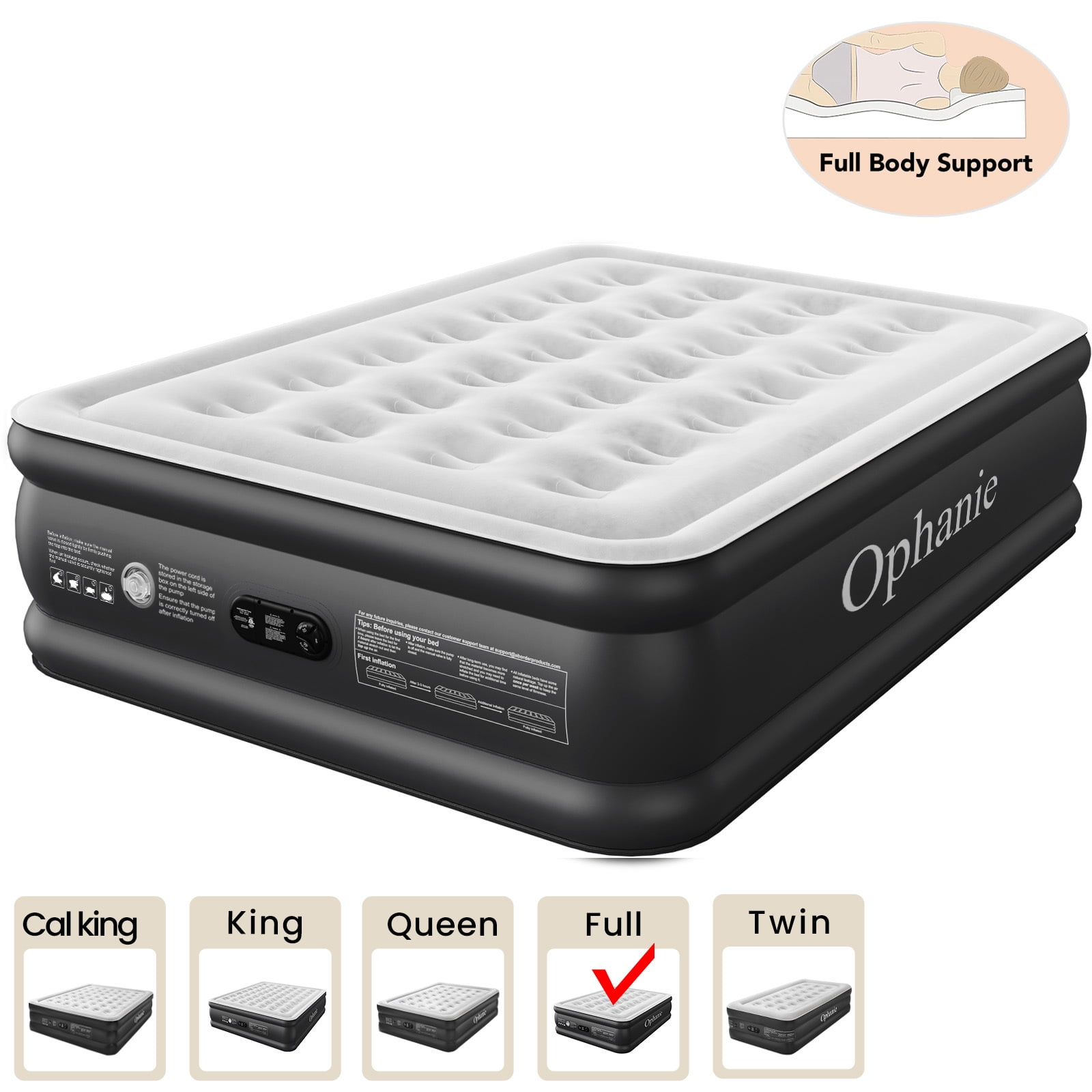 Ophanie Full Air Mattress, 18-Inch Elevated Inflatable Bed with Built-in Pump, Puncture-Resistant, Quick Inflation/Deflation, Portable for camping & Guests, Black