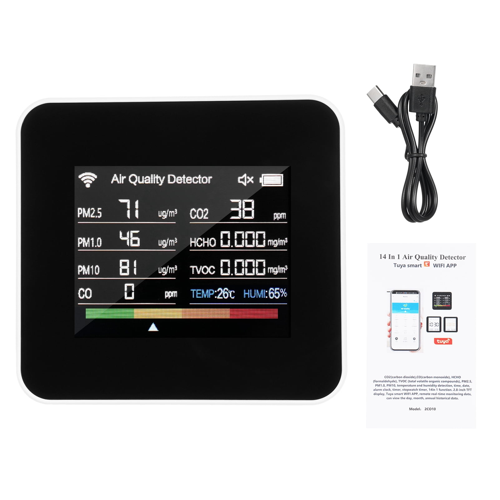 Air quality detector,Pm1.0 Pm10 And Pm2.5 Pm1.0 Quality - Pm10 2.8inch Tft Co Tvoc Air Quality Display Support App Tvoc Temperature Wifi App With Time 14-in-1 Indoor Tft In 1