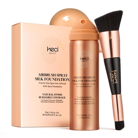 AirBrush Foundation with Nanoscale Powder - HECI BEAUTY Flawless Finish Makeup,Silk Airbrush Spray & Kabuki Brush - Anti-Aging Ingredients for Smooth Radiant Skin,210 Medium,1.69 Fl Oz