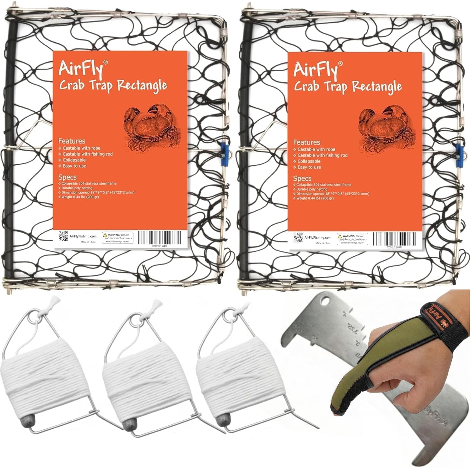 AirFly Foldable Crabjaw Trap with Bait Clip - Castable Crab Hawk Potfor Dungeness and Blue Crabs in FL, OR, WA, TX, Designed in USA (2pcs Trap + 3pcs Throw Line + Gauge + Glove)