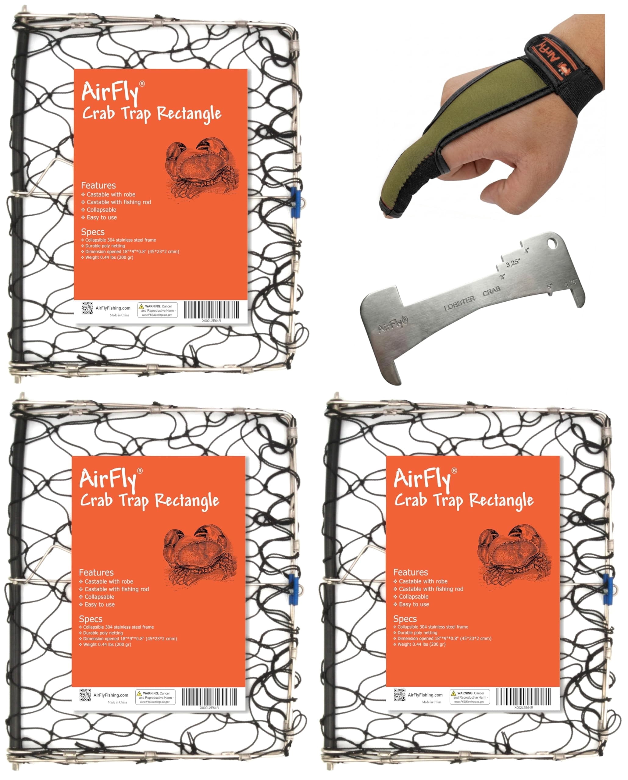 AirFly Foldable Crabjaw Trap with Bait Clip - Castable Crab Hawk Potfor Dungeness and Blue Crabs in FL, OR, WA, TX, Designed in USA (3pcs Crab Trap + Gauge + Glove)