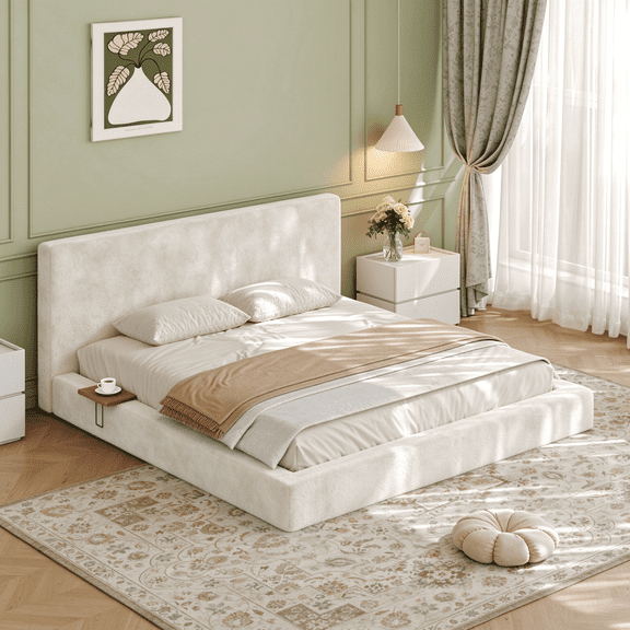 AirFrame California King Bed Frame with adjustable Sliding Side Table, 8.7'' Cloud Upholstered Sponge Cushion, Easy Assembly, Off-White