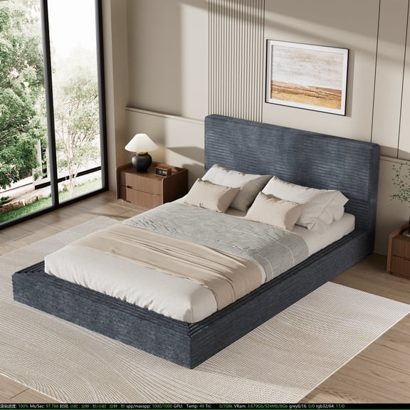 AirFrame Upholstered Bed Frame, a low-profile, cloud-style bed frame featuring an upholstered headboard, 360 foam edging, and a metal base; easy to assemble; Queen size, Gray