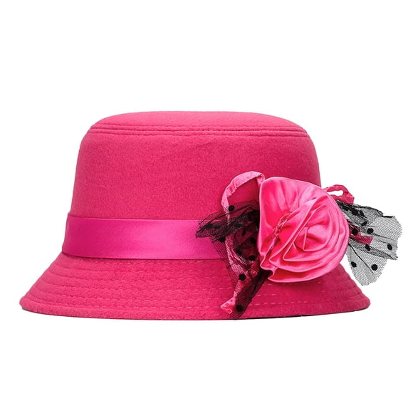 AirLoni Bowler Hat For Women Solid Color Woolen Flower Decor Lightweight Wide Brim Warm Cloche Sun Hats Summer Beach Hats For Camping Travel Hot Pink,One Size