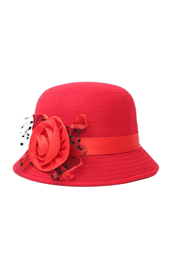Bowler Hat For Women Solid Color Flower Decor Lightweight Wide Brim Warm Cloche Sun Hats Summer Beach Hats For Camping Travel Red,One Size