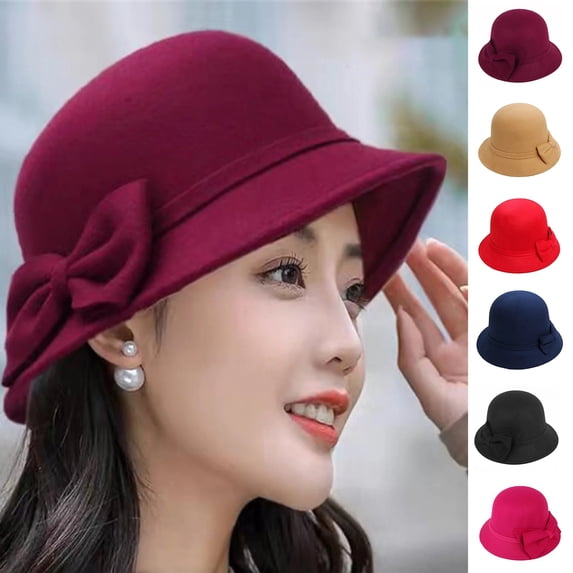 AirLoni Fedora Hats For Women Bow Decor Wide Brim Round Dome Warm Woolen Hat Autumn Winter Elegant Fedora Hat Daily Wear Solid Color Black,One Size